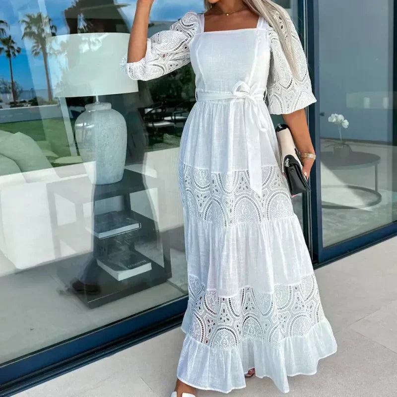 Wanda Maxi Dress | Unique Patchwork Design, Tie Waist, Square Neckline 5