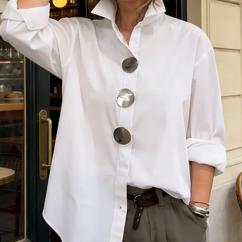 Wanda Oversized Button Down Shirt | Elegant Collar, Metallic Buttons, Comfortable Fit 0