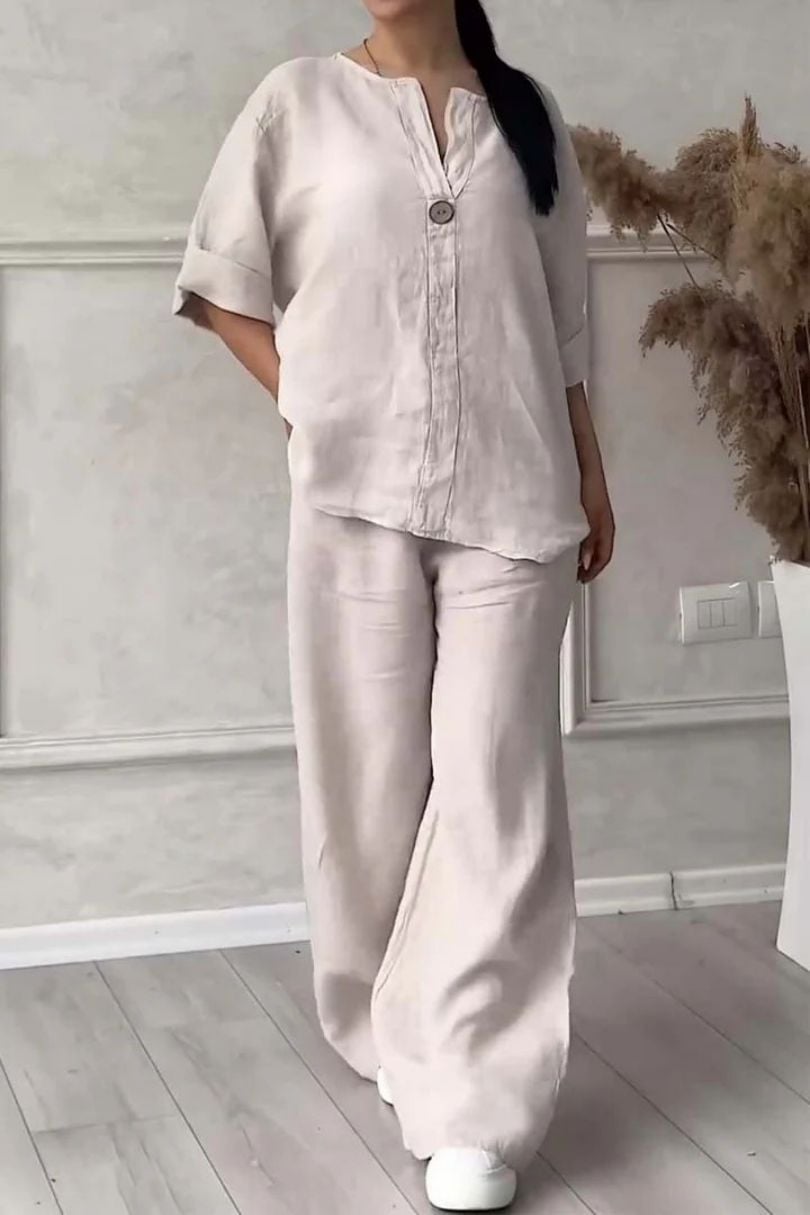 Wina Casual Set | Cotton and Linen, V-Neck Design 3