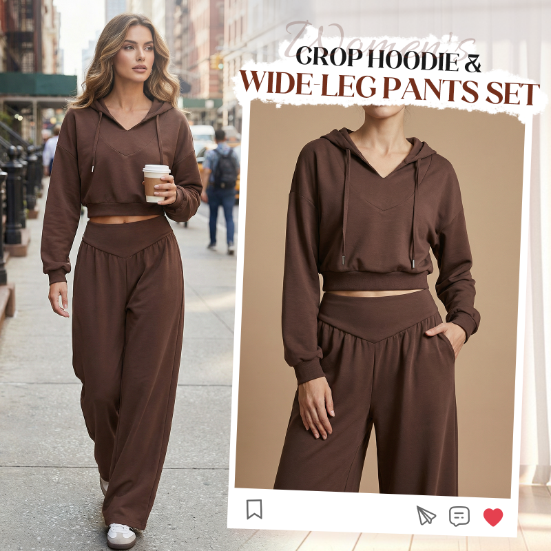 Wina Women's Set | Cozy Loungewear, Two Piece Wide-Leg Pants and Crop Hoodie 1