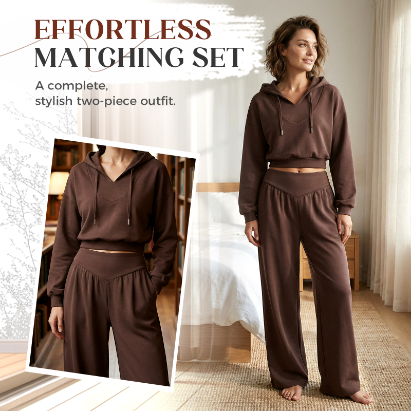 Wina Women's Set | Cozy Loungewear, Two Piece Wide-Leg Pants and Crop Hoodie 3