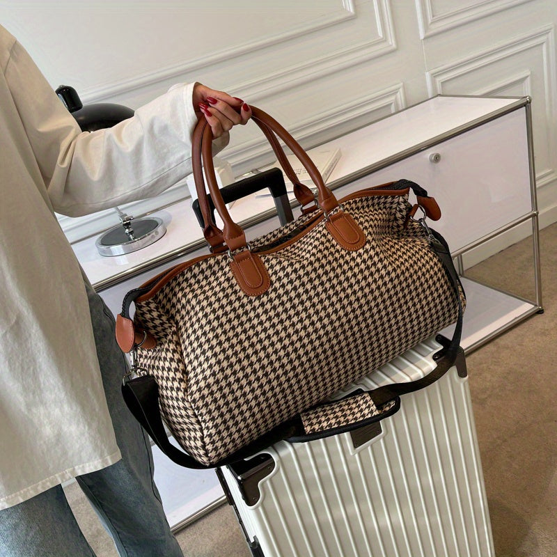 Cortelle Weekender Tasche — Hahnentritt-Canvas-Reisetasche mit veganem Lederbesatz