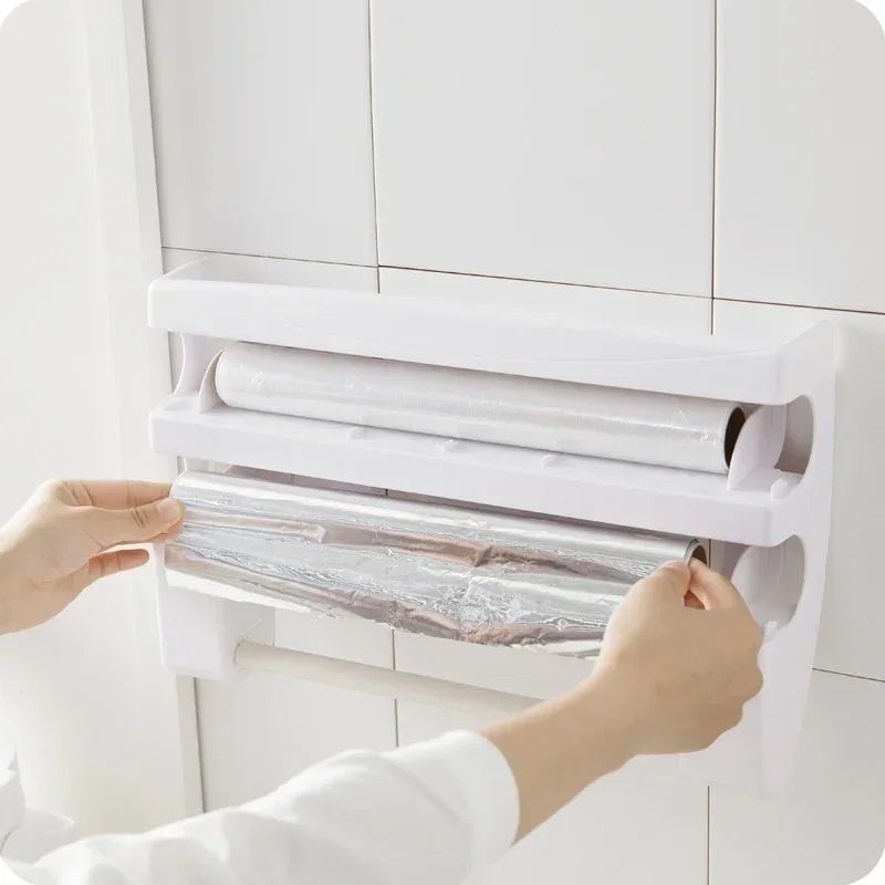 VelaWrap Organizer — Wall-Mounted Kitchen Wrap Dispenser with Spice Rack