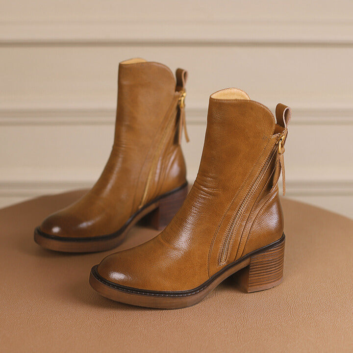 Bottes en cuir vegan Liora — Talon bloc confortable avec fermeture éclair latérale
