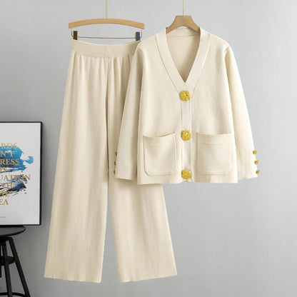 Lyricra — Metallic Button Knit Sweater & Wide-Leg Pants Set