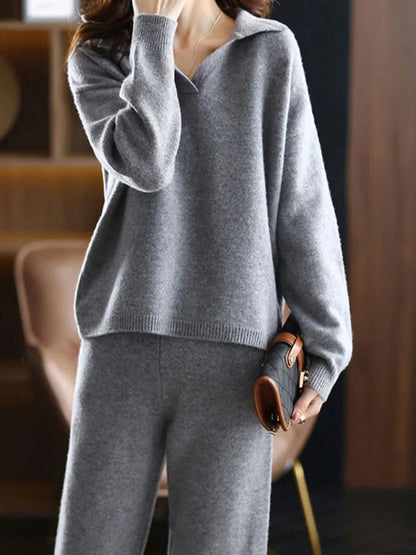 Mavren Cashmere Set — Two-Piece Polo Knit Outfit with Harem Pants