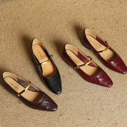 Arrivo — Genuine Leather Mary Jane Pumps with Metal-Bit Accent