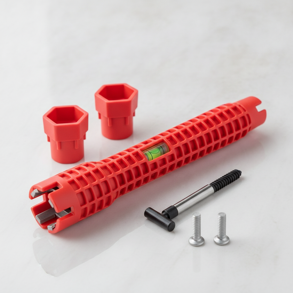 Sink wrench grip and bubble level close-up