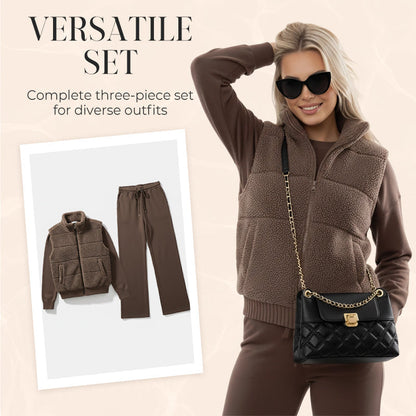 Avella Knit Lounge Set — Warm 3-Piece Cozy Outfit with Wide-Leg Pants