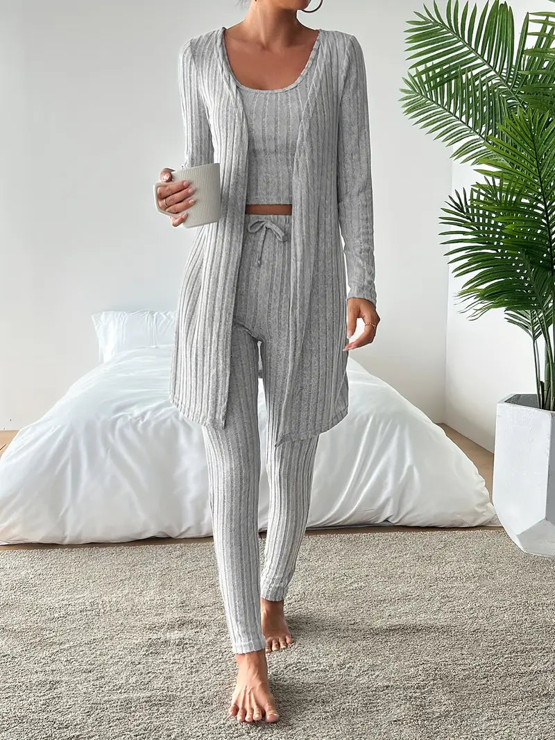 Set Lounge in Maglia Costina Nerina da 3 Pezzi con Vestibilità Slim