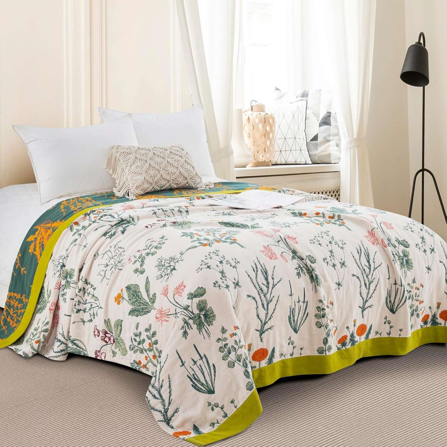 Marlenia — Baumwoll-Musselin-Wohndecke mit beidseitigem Blumenmuster