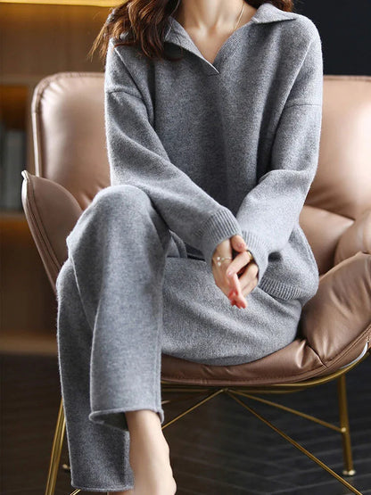 Mavren Cashmere Set — Two-Piece Polo Knit Outfit with Harem Pants