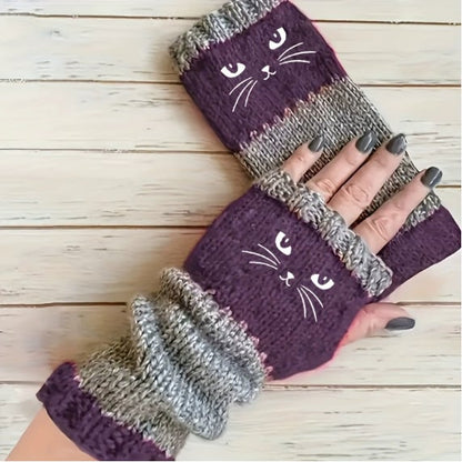 Myra CozyCat Fingerless Gloves — Warme Strickhandschuhe mit Katzenstickerei