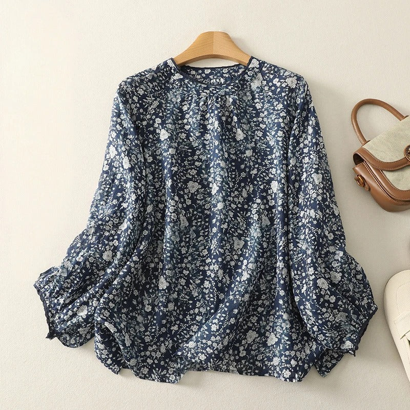 Liora — Women's Floral Linen Blouse with Billowy Sleeves