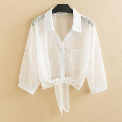 Elara — Sheer Voile Linen Tie-Front Blouse with Billowed Sleeves