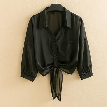 Elara — Sheer Voile Linen Tie-Front Blouse with Billowed Sleeves
