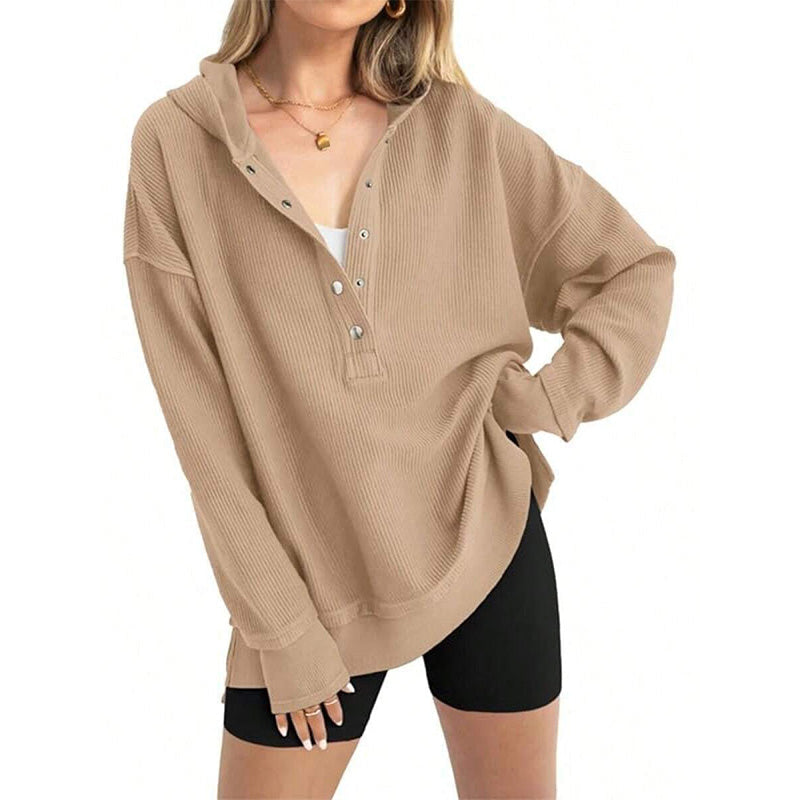 Norelixa — Women's Long Sleeve V-Neck Button Hoodie with Relaxed Fit