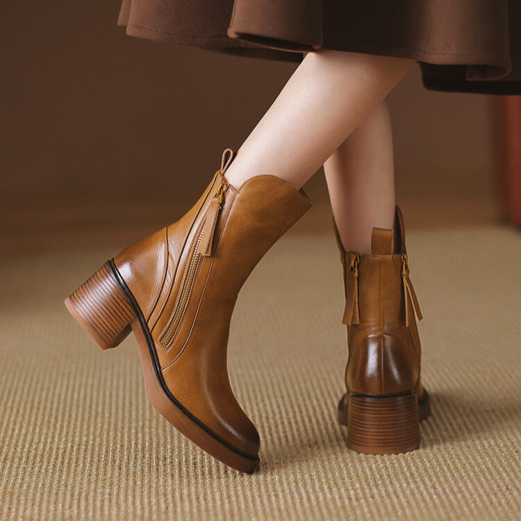 Bottes en cuir vegan Liora — Talon bloc confortable avec fermeture éclair latérale