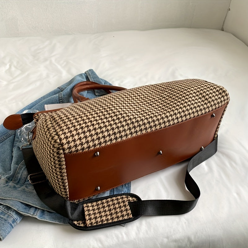 Cortelle Weekender Tasche — Hahnentritt-Canvas-Reisetasche mit veganem Lederbesatz