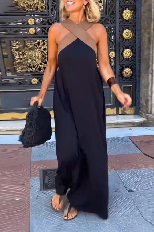 Cross Halter Neck Sleeveless Stitching Dress