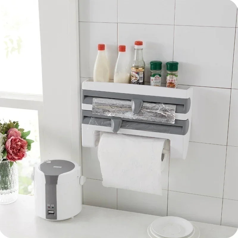 VelaWrap Organizer — Wall-Mounted Kitchen Wrap Dispenser with Spice Rack