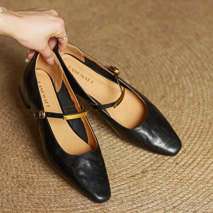 Arrivo — Genuine Leather Mary Jane Pumps with Metal-Bit Accent