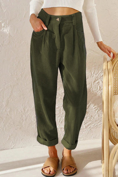 Lioren — Mid Rise Corduroy Casual Pants with Side Pockets