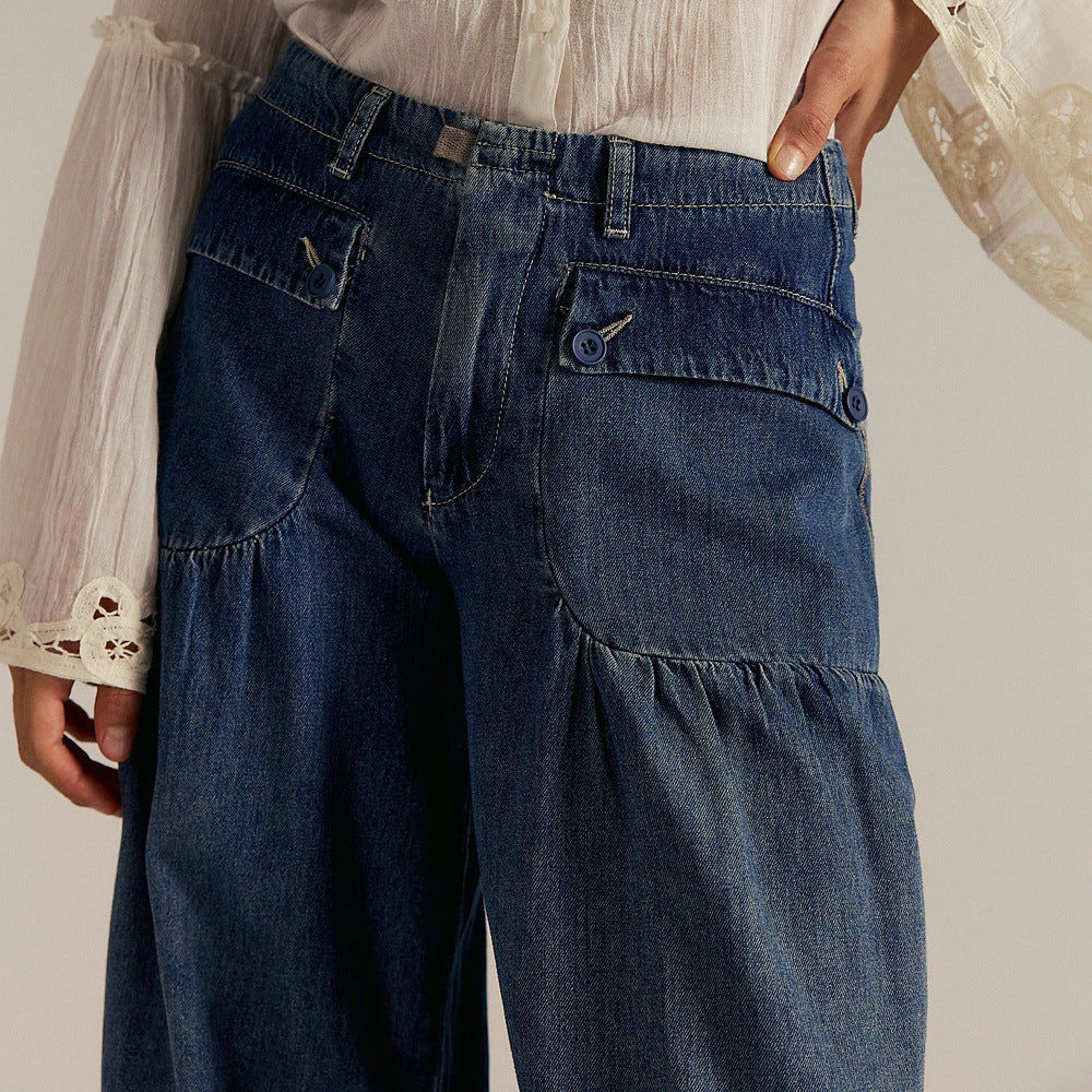 Liora — Wide-Leg Cotton Denim Jeans with Pleated Pockets