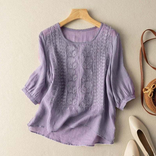 Liora — Damen Leichte Leinenbluse mit Floralen Strickdetails