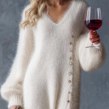 Elara — Women's V-Neck Sweater Dress with Side Slit and Buttons