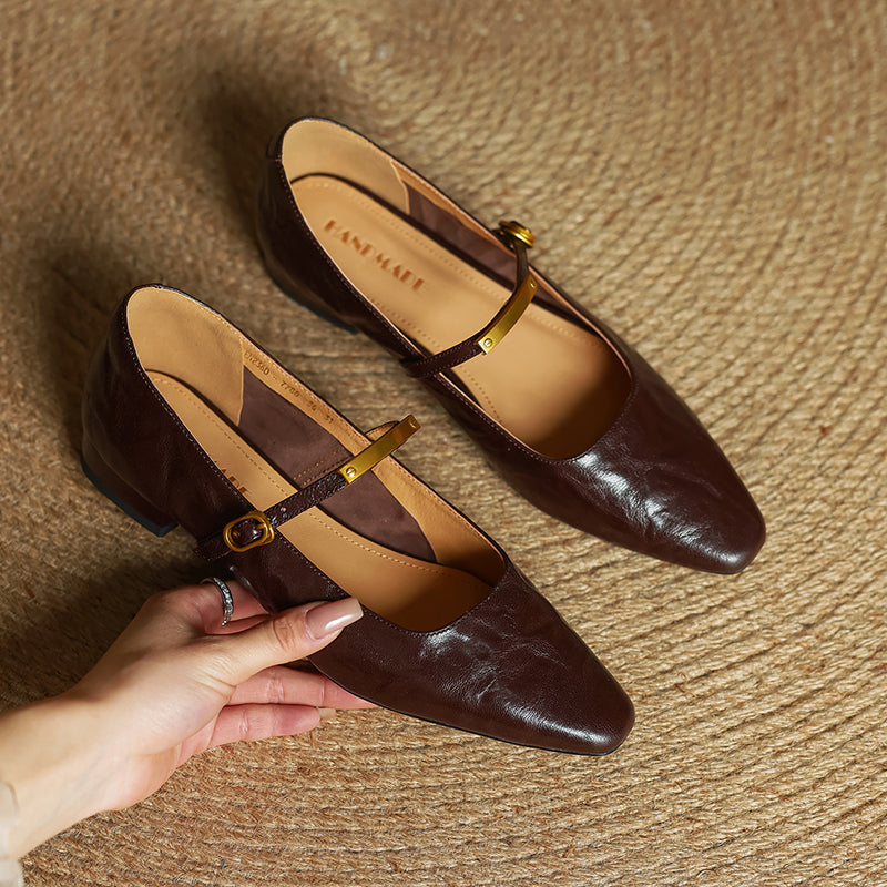 Arrivo — Genuine Leather Mary Jane Pumps with Metal-Bit Accent