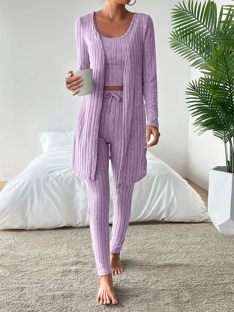 Set Lounge in Maglia Costina Nerina da 3 Pezzi con Vestibilità Slim
