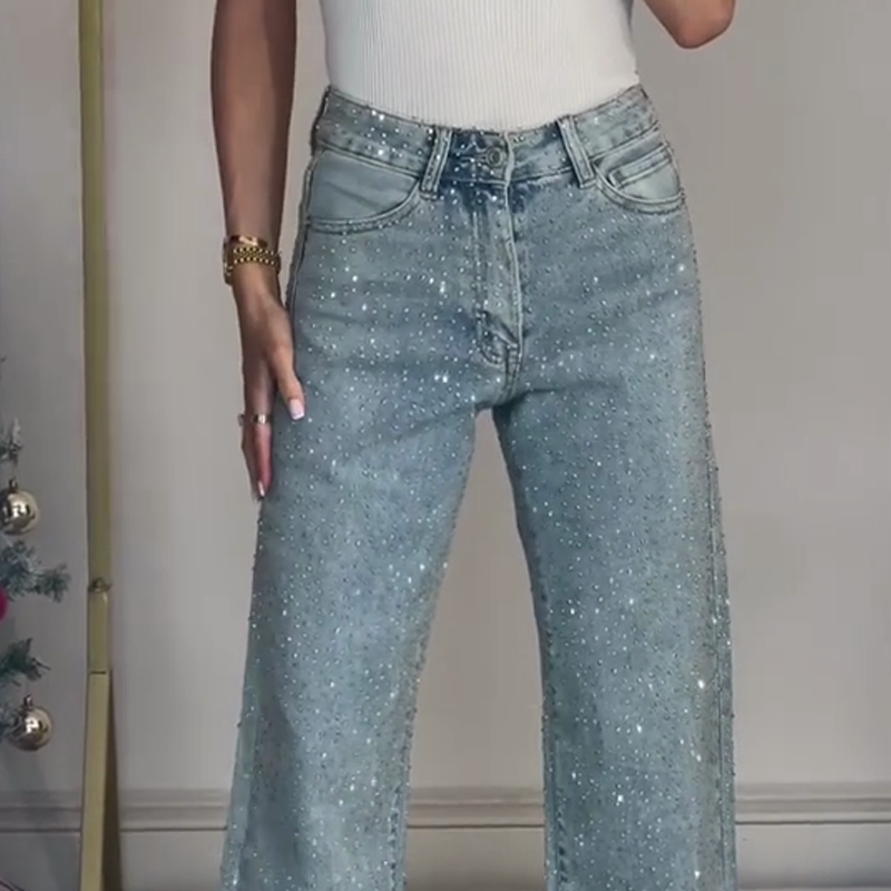 🔥Jean droit Zentara avec strass✨Devenez la protagoniste éclatante !✨