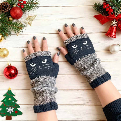 Myra CozyCat Fingerless Gloves — Warme Strickhandschuhe mit Katzenstickerei