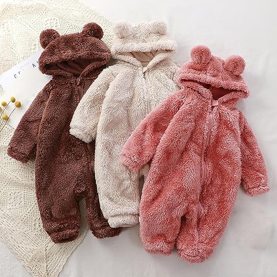 Lunoa — くま耳付きふわふわベビーフード付きロンパースで暖かく