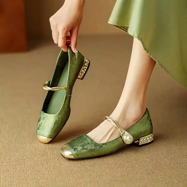 Norla Pearl Pumps — Silk Finish Evening Shoes with Embellished Heel