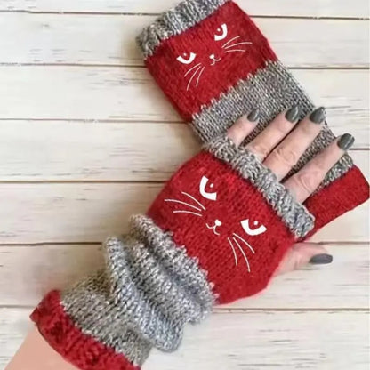 Myra CozyCat Fingerless Gloves — Warme Strickhandschuhe mit Katzenstickerei