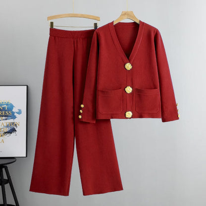 Lyricra — Metallic Button Knit Sweater & Wide-Leg Pants Set