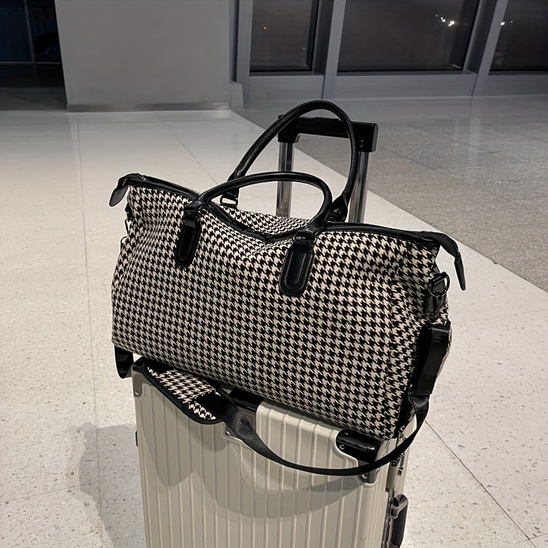 Cortelle Weekender Tasche — Hahnentritt-Canvas-Reisetasche mit veganem Lederbesatz