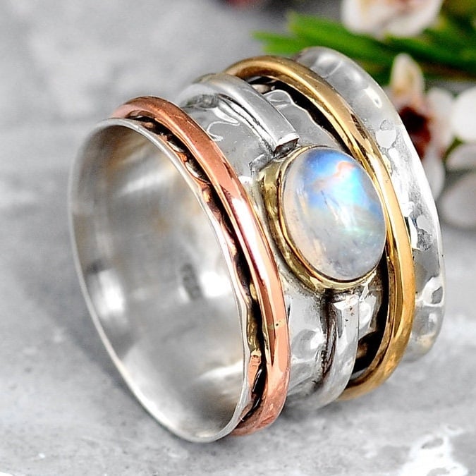 Wide Band Two Tone Moonstone Spinner Ring