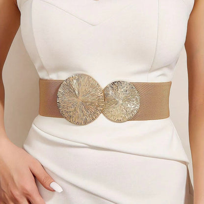 Marena — Dames Vintage Brede Elastische Tailleband Riem met Gouden Gesp