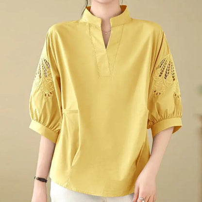 Elara — Lightweight Linen Blend Top with Embroidered Floral Sleeves