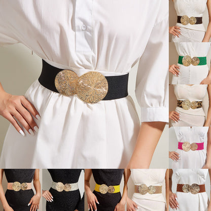 Marena — Dames Vintage Brede Elastische Tailleband Riem met Gouden Gesp
