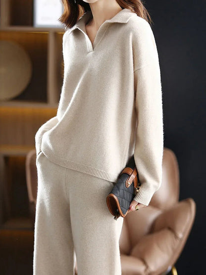 Mavren Cashmere Set — Two-Piece Polo Knit Outfit with Harem Pants