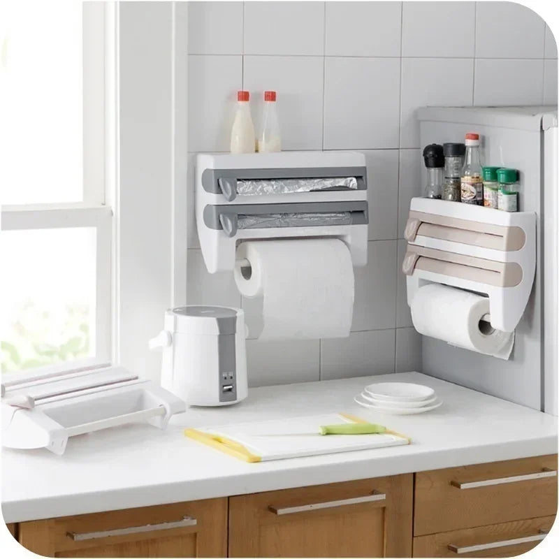 VelaWrap Organizer — Wall-Mounted Kitchen Wrap Dispenser with Spice Rack
