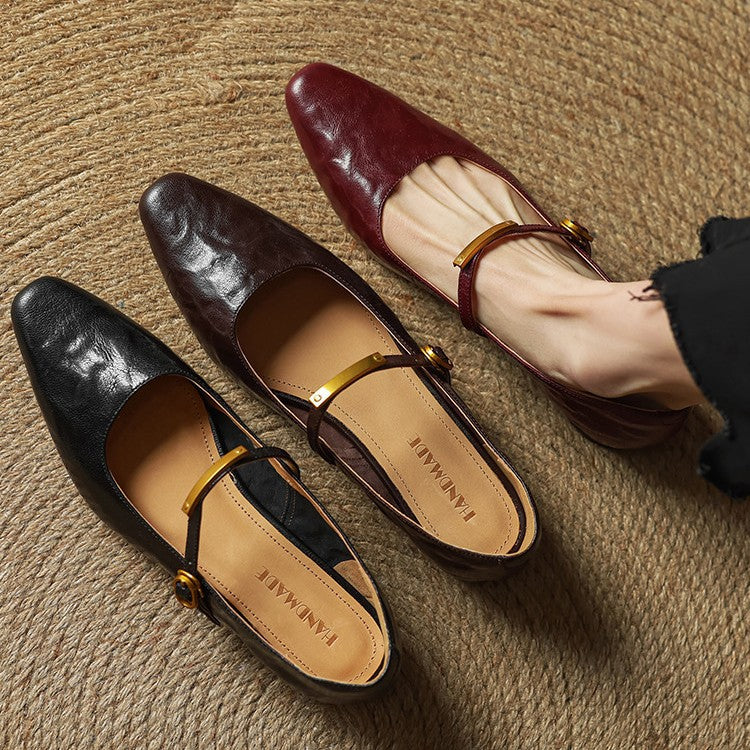 Arrivo — Genuine Leather Mary Jane Pumps with Metal-Bit Accent