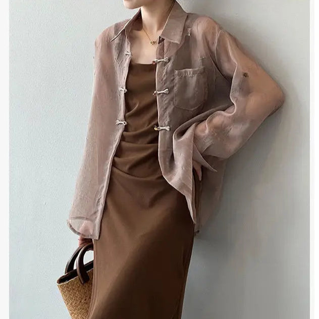 Noriya — Lightweight Artisan Chiffon Loop-Front Top with Frog-Knot Detail