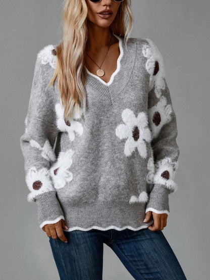 Floral Pattern Scallop Trim Sweater 32$ TODAY ONLY