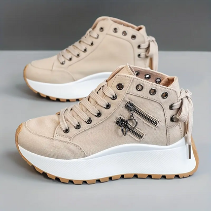 Sneakers in denim Norla — Scarpe casual con plateau chunky, zip e dettagli a fiocco