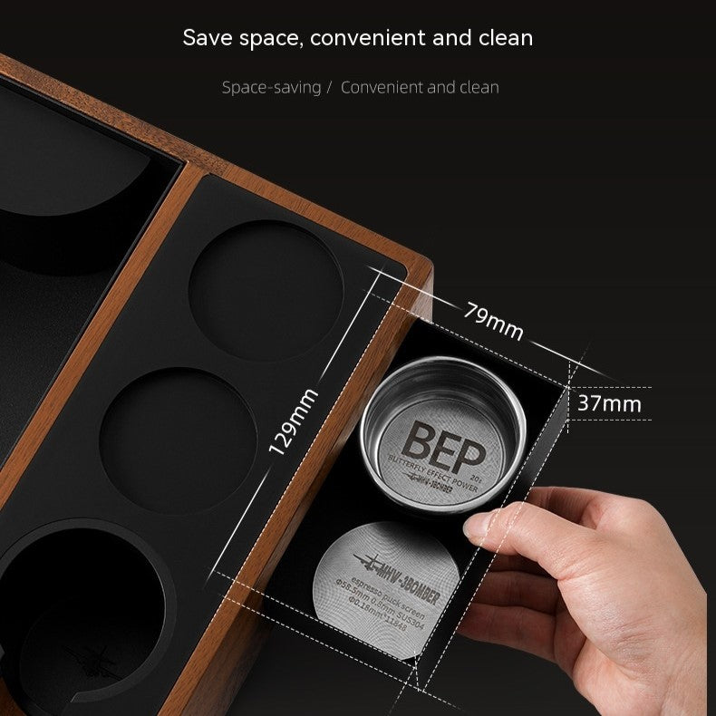Brevin — Station de tassage en noyer pour espresso avec ports doublés de silicone